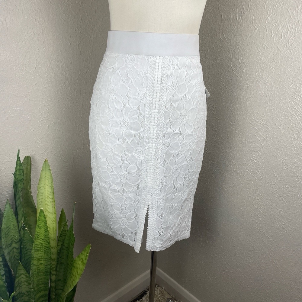 Thalia Sodi White Lace Pencil Skirt Womens M High Waist Slit Bridal Chic NWT